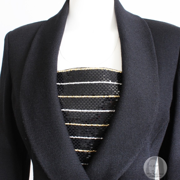 St John Evening Suit Jacket Skirt 2pc Set Embellished Knit Black Gold White Sz 6 - Picture 4 of 11